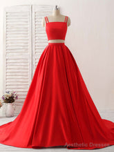 Red Two Pieces Satin Long Prom Dress Simple Red Evening Dress